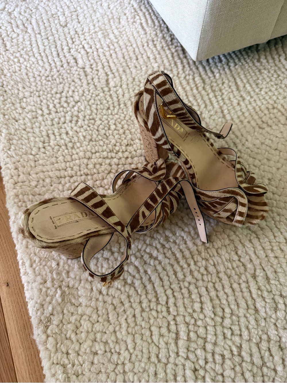 Vintage Prada Brown and Cream Zebra-Print Wedge Sandals